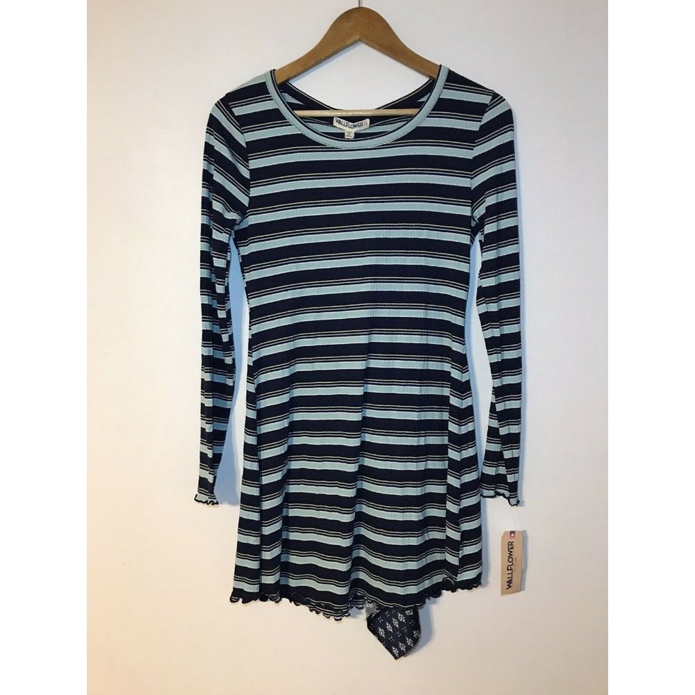 Wallflower Juniors Women's Blue Striped Long Sleeve Dress Size M New